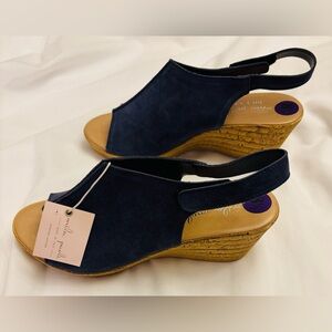 Mila Paoli Navy Suede Cork Wedge Slingback Sandals